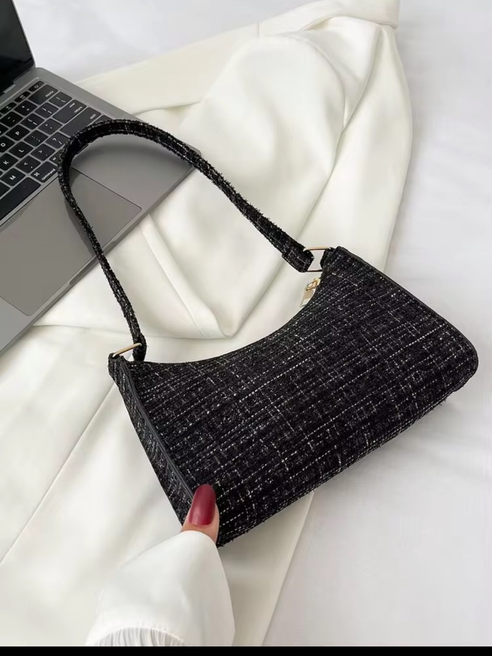 NWOT Classic Black Tweed / shiny thread Shoulder Bag - Elegant Everyday Purse